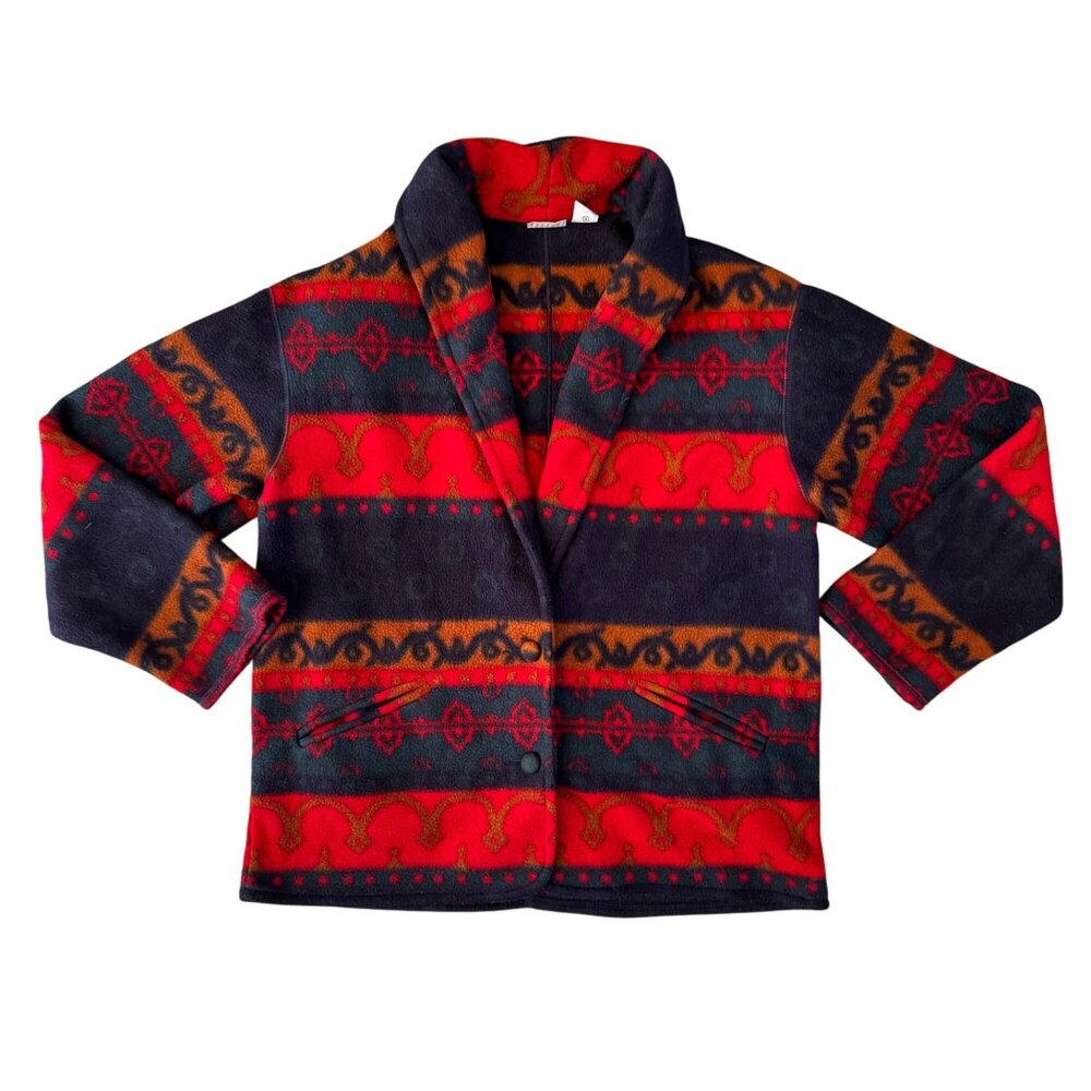 Cabin‎ Creek Aztec Print Fleece Blazer Small Shawl Collar Button Front Vtg Soft